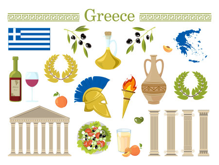 Welcome to greece travel collection. Set of Greece s symbols. Travel illustration with greek landmarks, people,traditional food, building.のイラスト素材