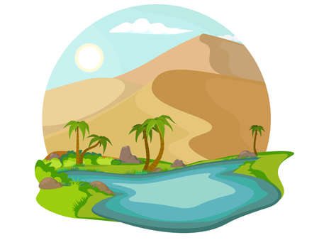 Sahara Desert. Sandy landscape with blue lake and palm tree. Oasis in the desert.のイラスト素材