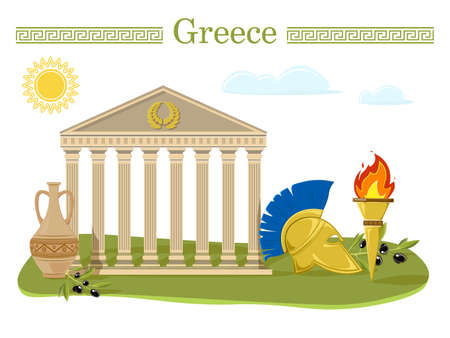 Greece. Tourism And Travel. Welcome to Greece. Santorini buildings, Acropolis and temple icons.のイラスト素材