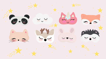 Funny animal eye sleep mask set. Night accessory to healthy sleep, travel and recreation.のイラスト素材