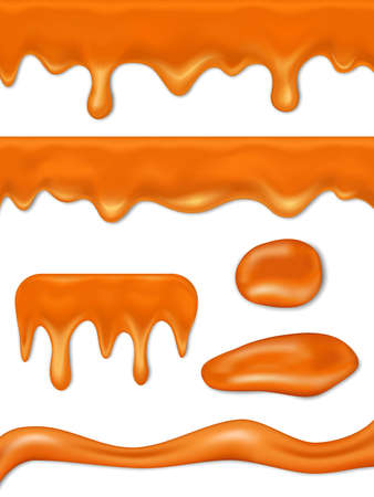 Caramel realistic. Candy sweets liquid food sauces caramel drops and splashes. Orange or brown paint stains. Caramel drops vectorized image.のイラスト素材