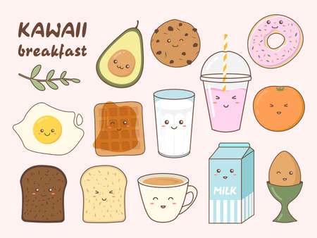 Set of cute breakfast food icons in kawaii style. Healthy breakfast meal ingredients.のイラスト素材