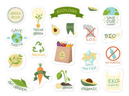 Collection of ecology stickers with slogans save earth, go green, eco, save water.Eco friendly lifestyle. Ecological stickersのイラスト素材