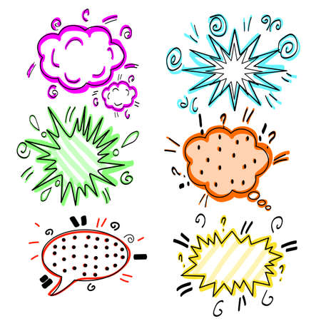 Set of comic bubble speech clouds, onomatopoeia. Retro empty comic bubbles and elements set with black halftone shadows on white background.のイラスト素材