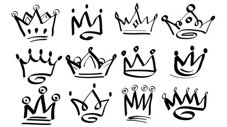 Doodle crowns. Line art king or queen crown sketch. Drawing by hand black elements. Vector illustration.のイラスト素材