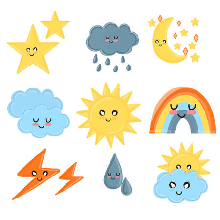 Cartoon Weather Icons. Vector illustration of sun, rain, storm, snow, wind moon star rainbowのイラスト素材