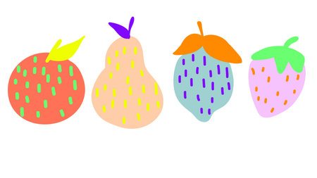 Abstract still life in pastel colors poster. Abstract fruits. Apples, pears, apricots and lemons. Bright fruits with leaves and slices with a stoneのイラスト素材