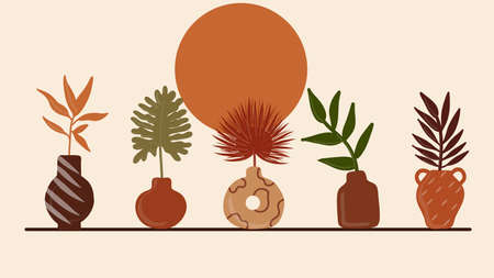 Ceramic Vases and random Abstract doodle objects. Abstract Plant Art design for print, cover, wallpaper.のイラスト素材