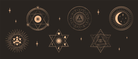 Collection of Mystical and Astrology objects. Gold circles with Sun, Moon and spiritual eye, triangle, pentagram star, pyramid and ankh ornamentsのイラスト素材