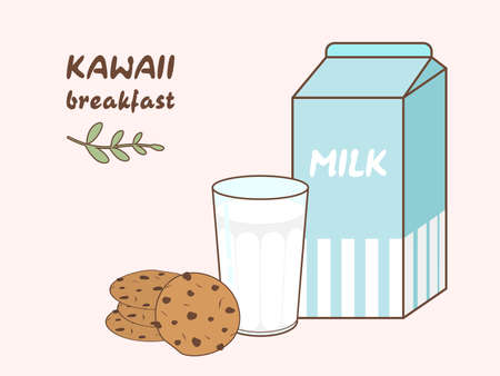 Kawaii breakfast. Milk and cookies isolated on color background. Vector illustration.のイラスト素材