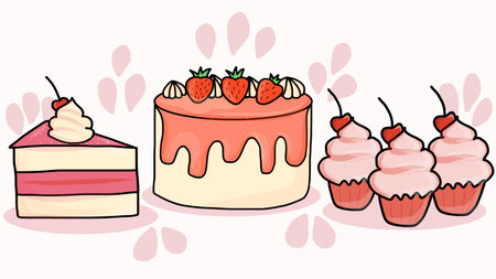 Collection of beautiful cakes and cupcakes. Cake Set. Vector illustration