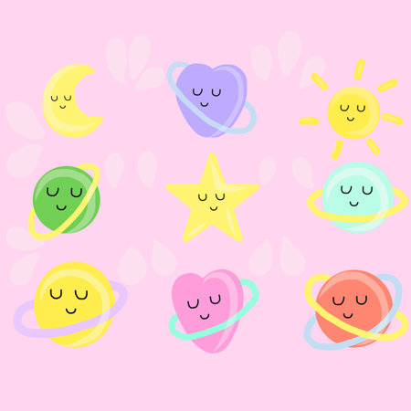 Set of cute cartoon planets, heart shape and sun with funny faces stickers.