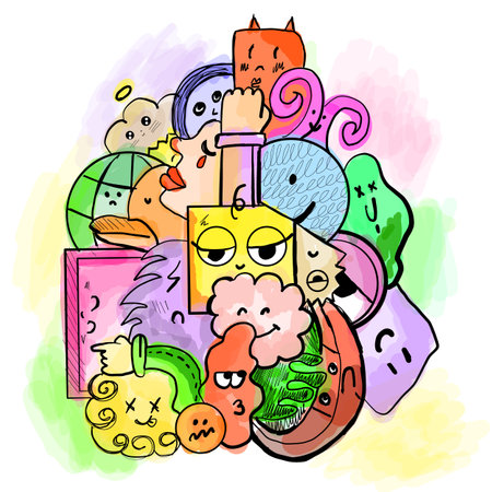 Friendly group of monsters. Freehand monster doodle in full color. Vector illustration for cards, t-shirts, your designのイラスト素材