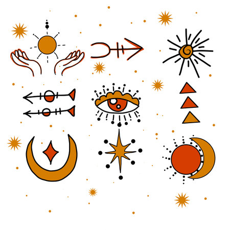 Witchcraft, magic background for witches and wizards. Wicca and pagan tradition. Vector witch magic design elements set. Hand drawn, doodle, sketch magician collection.のイラスト素材