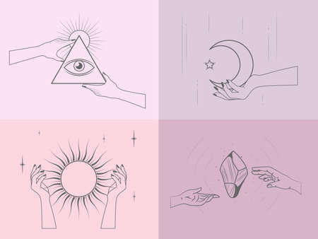 Set of alchemy esoteric mystical magic celestial talisman with woman hands, sun, moon, stars sacred geometry isolated. Minimalist woman cosmic objectsのイラスト素材