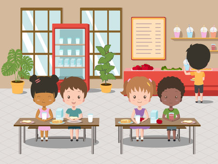Children eat in school canteen. Vector cartoon illustration of cafeteria interior with tables, chairs. Cartoon kids eating breakfast at school clip art.のイラスト素材