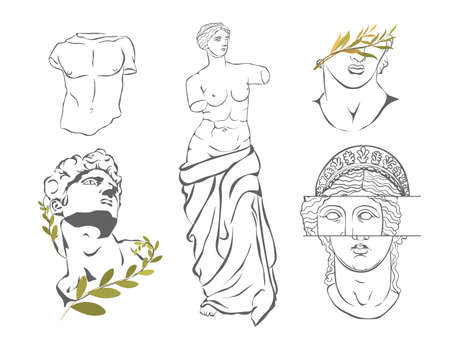 Various Antique statues. Aphrodite Venus Portrait. Antique greek sculpture set. Antique statues, branch, amphora, column. Vector illustrationのイラスト素材