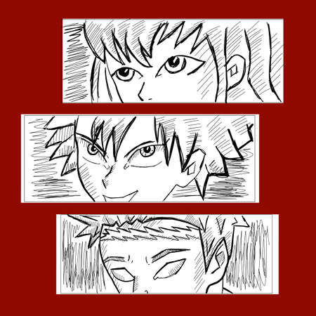 Japanese manga boy face. Vector design for t-shirt graphics, banner, fashion prints, slogan tees, stickers, flyer, posters and other creative uses. Anime poster. Hand drawn trendy Vector illustration.のイラスト素材