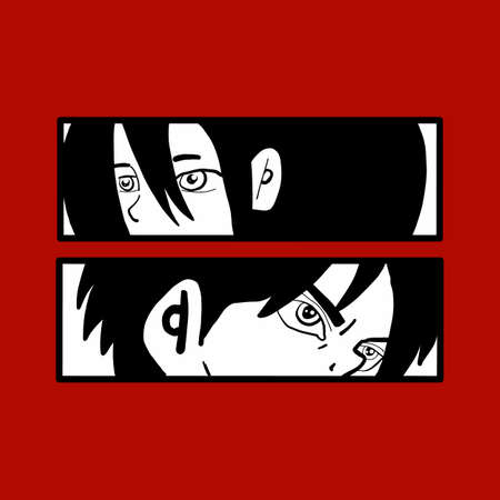 Japanese manga face T-shirt japan vector print. Anime poster. Manga face japanese or korean retro character style. Vector illustrationのイラスト素材