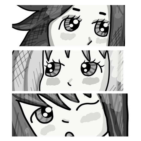 Manga style. Japanese cartoon Comic concept. Anime characters. Vector design for t-shirt graphics, banner, fashion prints. Ink drawing eyes manga illustration anime print designのイラスト素材
