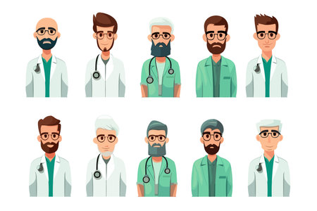 Nurses and paramedics. Portraits of male medic workers in uniform with stethoscopes. Doctor avatars. Vector illustration isolated on white background.のイラスト素材