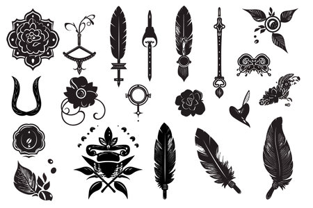 Vector tattoo collection isolated on white background. Silhouette illustration. Traditional art tattoos.のイラスト素材