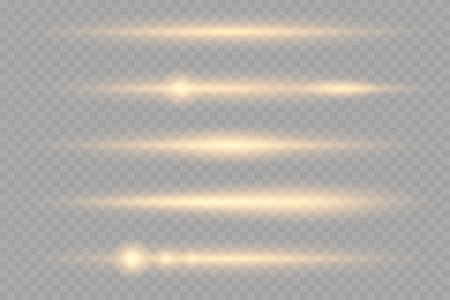 Stylish set of golden light effects with sparks. Glowing gold line, horizontal light rays, flashのイラスト素材