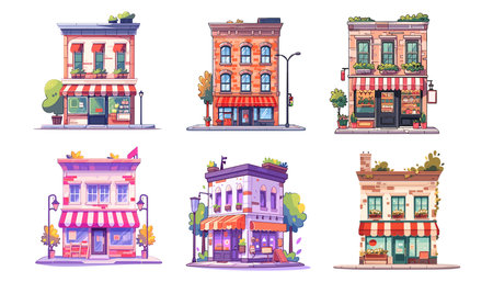 Vector city street building house cartoon icon set. City buildings shop, apartment and store window exterior clipart. Vector illustration EPS10のイラスト素材