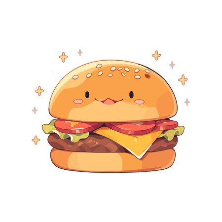 Cute kawaii burger food. Cartoon hamburger food with face isolated on white background. Vector illustration EPS10のイラスト素材
