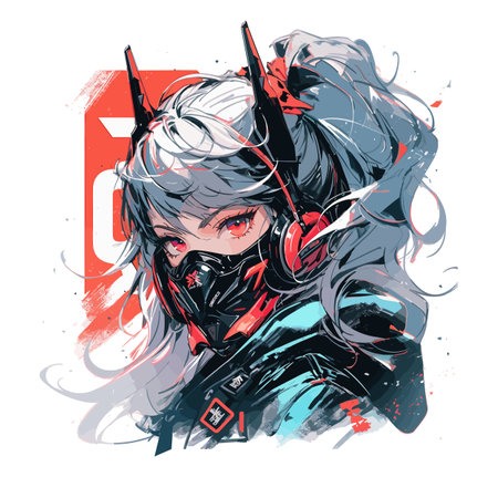 Anime manga beautiful girl, futuristic cyberpunk character in costume with a mask isolated on white background. Japanese manga style. Vector illustration EPS10のイラスト素材