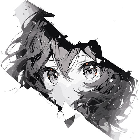 Manga eyes looking from a paper tear. Black and white color. Anime girl peeps out isolated on white background. Vector illustration EPS10のイラスト素材