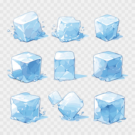 Ice cubes and melted ice cubes. Cartoon ice cubes isolated on transparent background. Set of blue ice cube. Vector illustration EPS10のイラスト素材