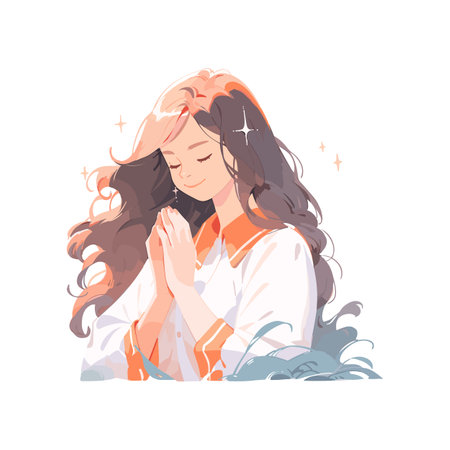 Christian female pray to God, feels grace. Woman in closed eyes praying hands together.のイラスト素材