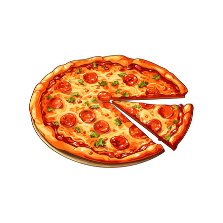Hand Draw Pizza with various ingredients in cartoon style. Whole and chopped pizza icon. Vector illustration EPS10のイラスト素材