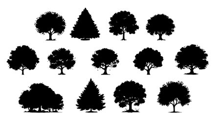 Tree silhouettes isolated on white background. Vintage trees and forest silhouettes set in monochrome styleのイラスト素材