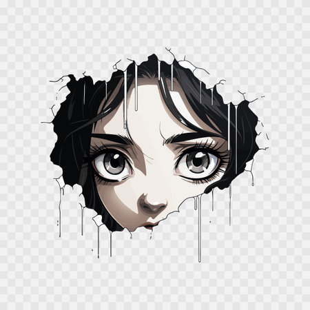 Manga eyes looking from a paper tear. Black and white color. Anime girl peeps out isolated on transparent background. Vector illustration EPS10のイラスト素材