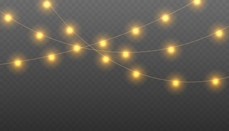 Christmas light png garlands. Set of Christmas glowing garlands. Festive Christmas gold garlands, dust, sparkle, and a star.のイラスト素材