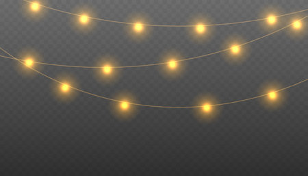 Christmas light png garlands. Set of Christmas glowing garlands. Festive Christmas gold garlands, dust, sparkle, and a star.のイラスト素材