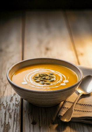 Bowl of creamy pumpkin soup topped with a swirl of cream and roasted pumpkin seeds, served on rustic wooden table in warm light.Perfect cozy autumn meal.の素材