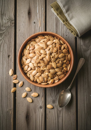 Roasted pumpkin seeds with sea salt served in a bowl on a rustic wooden table. Healthy and natural autumn snack, perfect for food and lifestyle themes.の素材