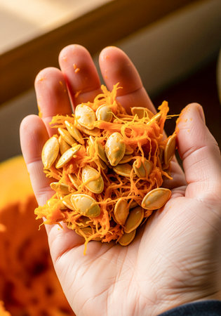 Close-up of a hand holding fresh pumpkin seeds with orange pumpkin pulp, ready for roasting or planting. Warm natural light highlights the textures of the seeds and pumpkin fibers.の素材