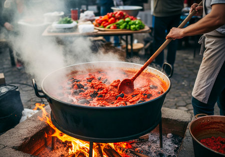 Large metal pot filled with ajvar and roasted peppers simmering over an open flame. A person stirs the mixture with a wooden spoon during a traditional outdoor cooking session.の素材