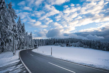 Beautiful winter landscape with snow covered trees in fog. Harsh winter landscape, beautiful snow-covered fir trees stand against a foggy mountain landscape on a cold winter day. The concept of the cold northern nature.の写真素材