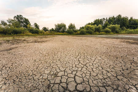 Dry lake in Bavaria Germany. Drought and climate change, landscape of cracked earth after lake has dried up in summer. Water crisis an impact of global warming.の写真素材