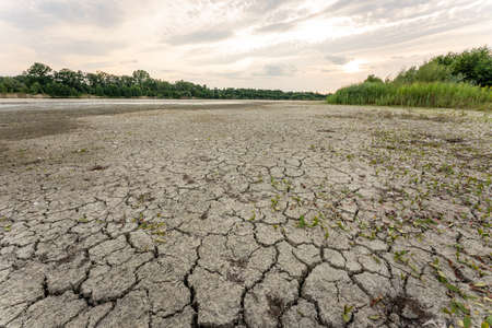 Dry lake in Bavaria Germany. Drought and climate change, landscape of cracked earth after lake has dried up in summer. Water crisis an impact of global warming.の写真素材