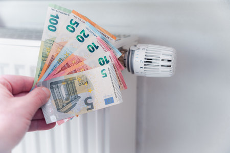 Euro banknotes on a heating radiator in the hands of a manの写真素材