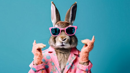Funny rabbit in pink coat and pink sunglasses on blue background.の素材