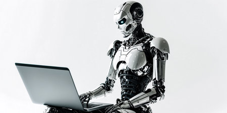Cyborg working with a laptop. 3D rendering. Robot.の素材