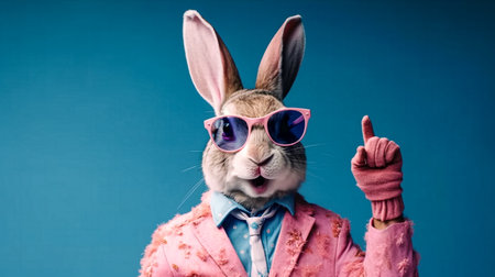Funny rabbit in pink jacket, bow tie and sunglasses on blue backgroundの素材