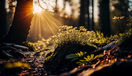 Sunset in the forest. Sunlight in the forest. Beautiful nature scene.の素材